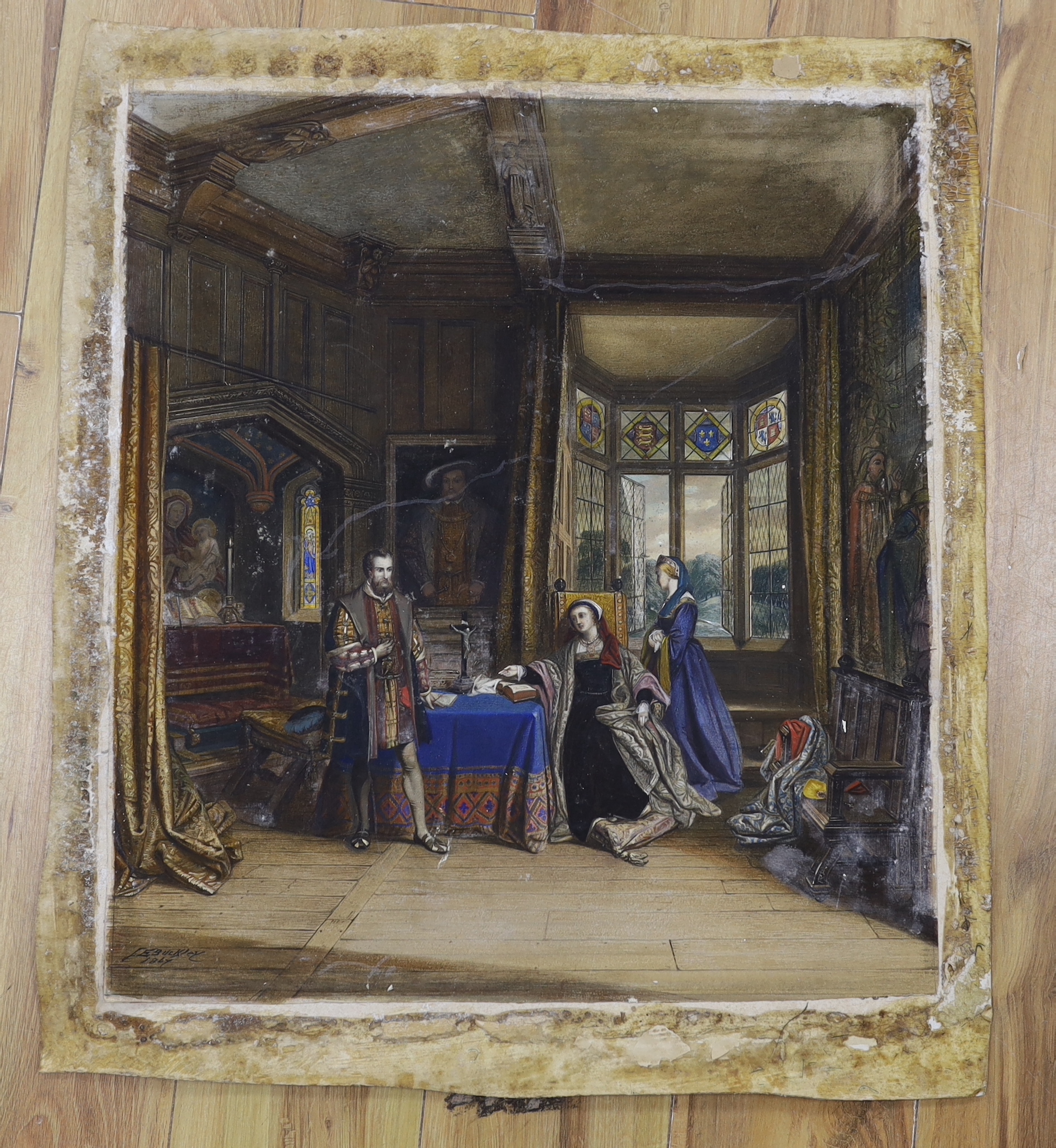 John Edmund Buckley (1820-1884), watercolour, Anne Boleyn in her chamber, signed and dated 1867, 60 x 54 cm